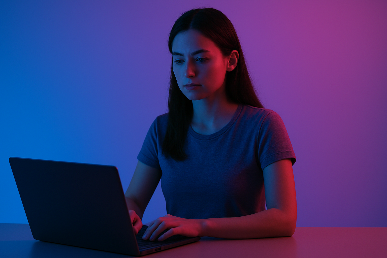A woman working on a laptop.